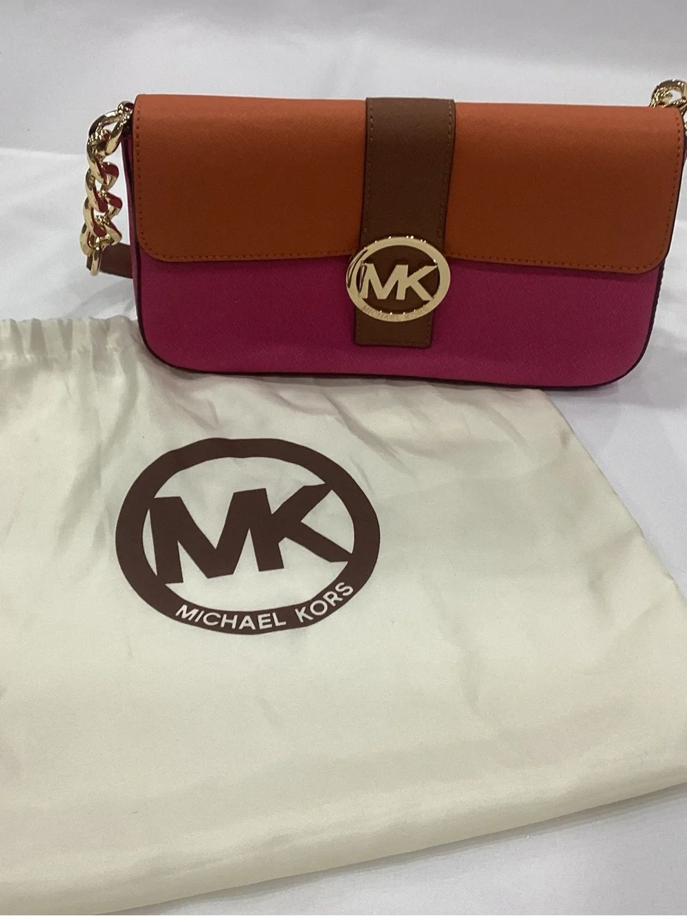 Michael Kors Colorblock Pink, Orange & Tan Saffiano Crossbody